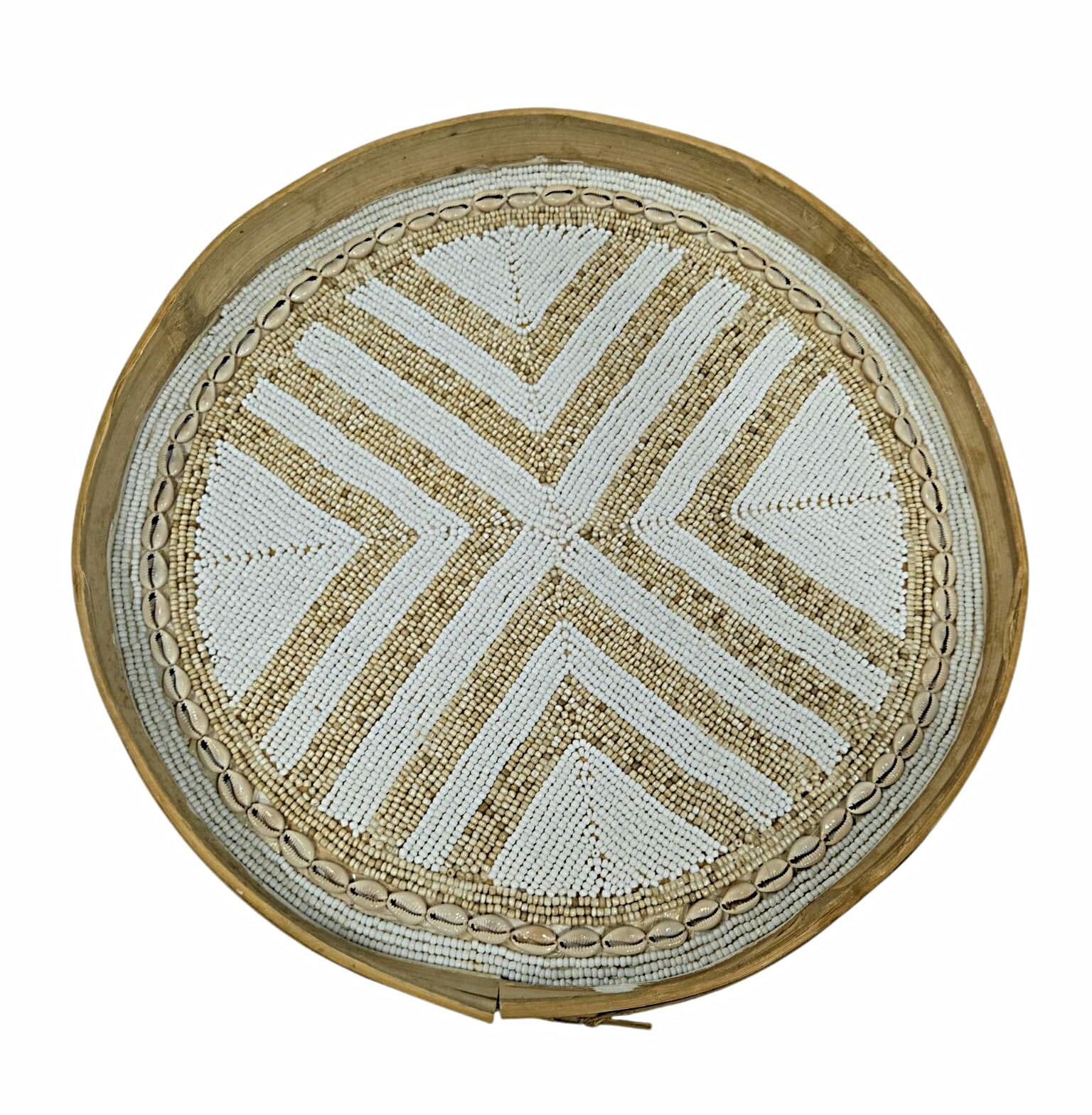 Plateau rond en bambou perlé motif bohème graphique