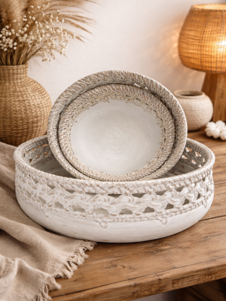 Set de 3 plateaux en bois et rotin blanchi – Bohème naturel