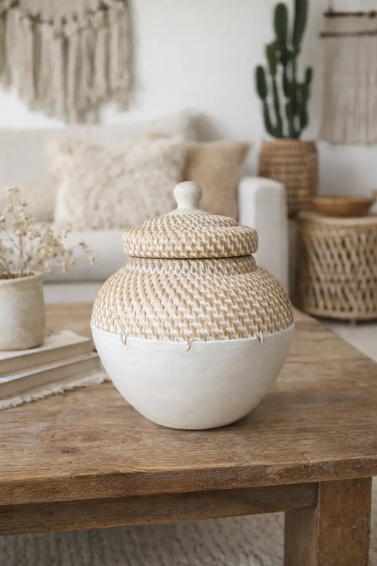 Pot rotin et bois blanc