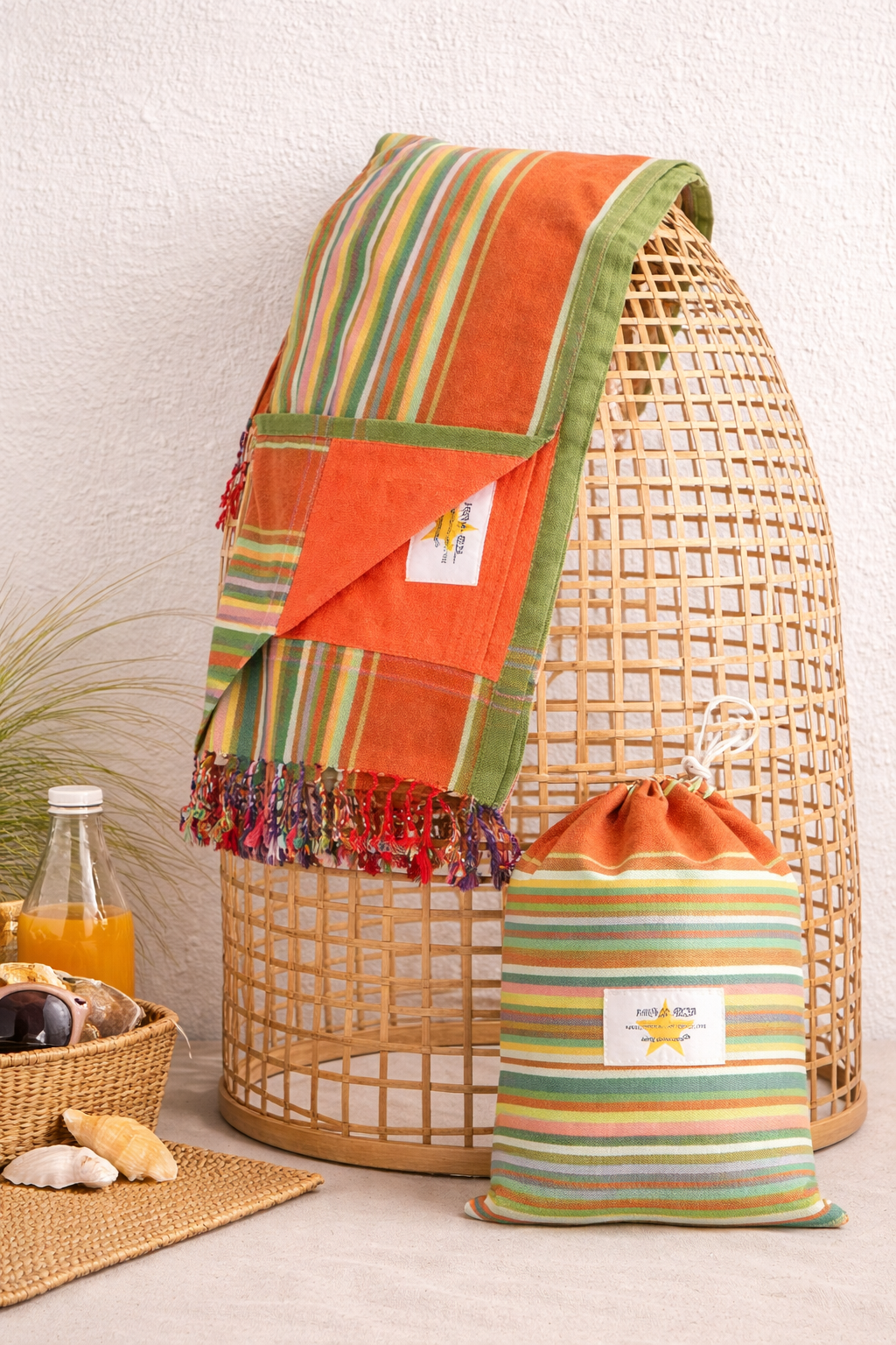Serviette de plage rayée orange – Coton & éponge