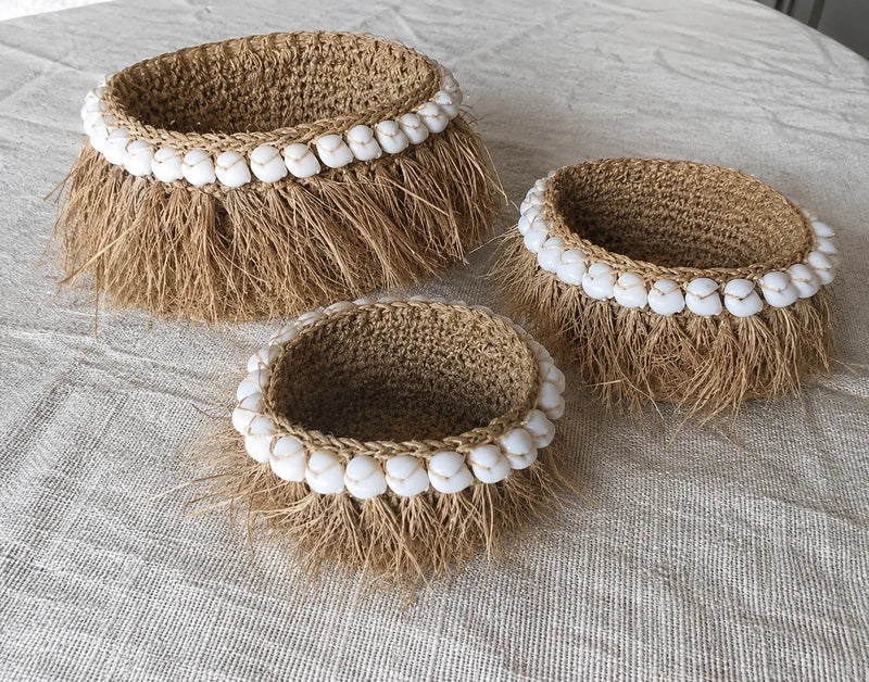 Trio de Paniers Raphia & Coquillages – Fait Main à Bali