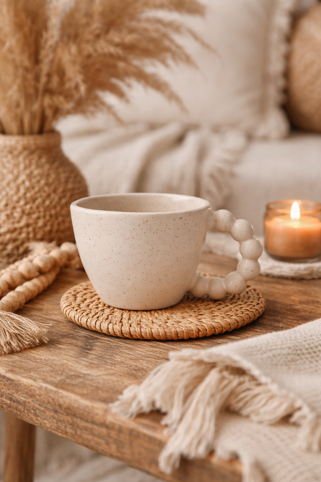 Tasse en grès beige moucheté