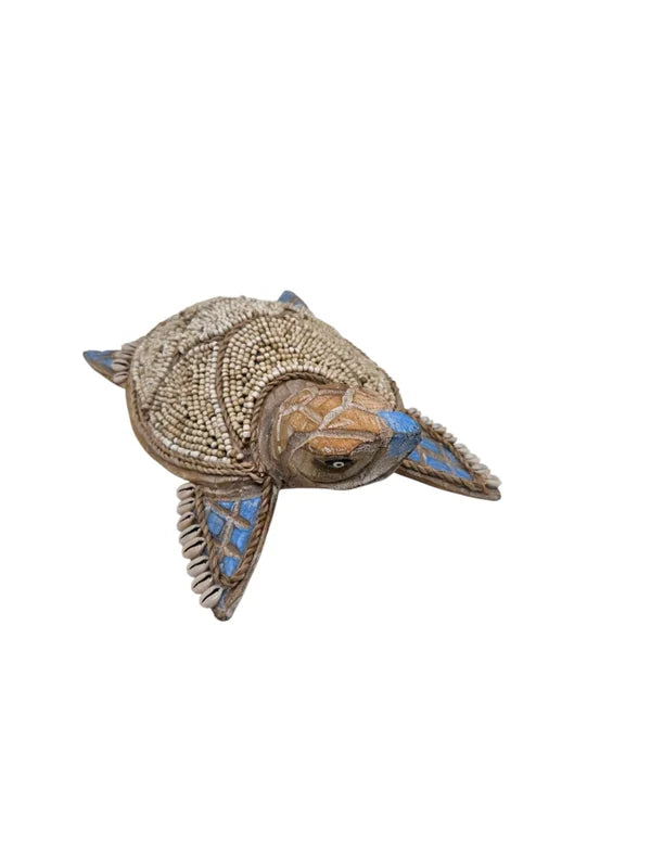 Tortue décorative en bois, perles & coquillages – Fait main à Bali