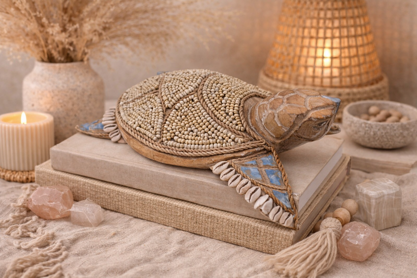 Tortue décorative en bois, perles & coquillages – Fait main à Bali