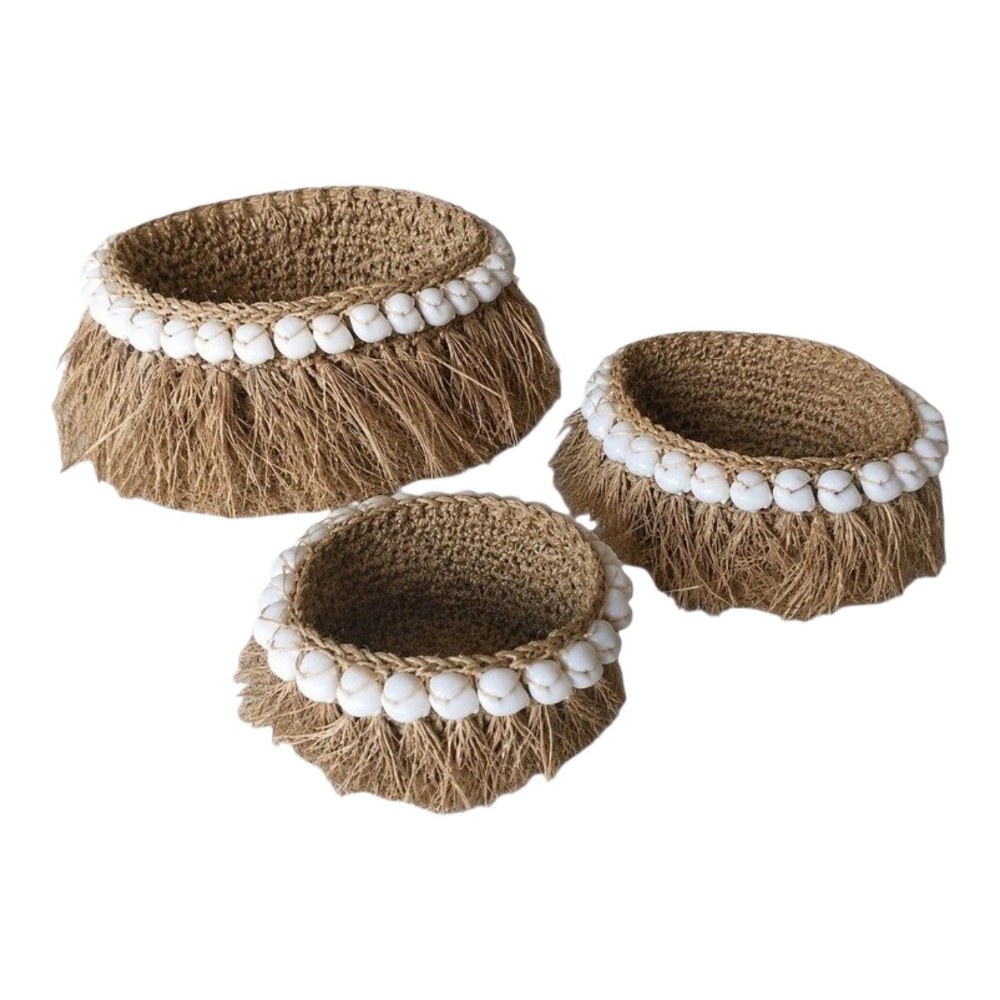 Trio de Paniers Raphia & Coquillages – Fait Main à Bali