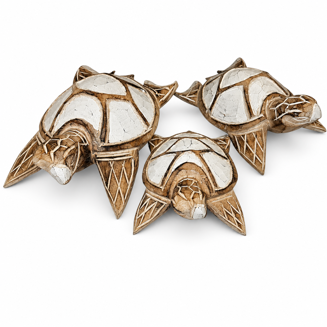 Tortue décorative en bois sculpté brun & blanc