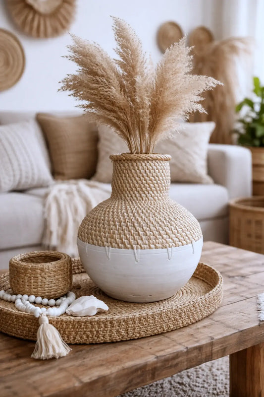 Vase rotin et bois blanchi
