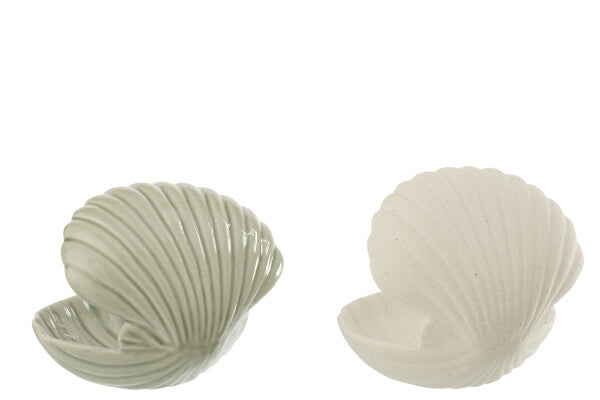 Vide-poche coquillage décoratif en grès blanc et vert olive