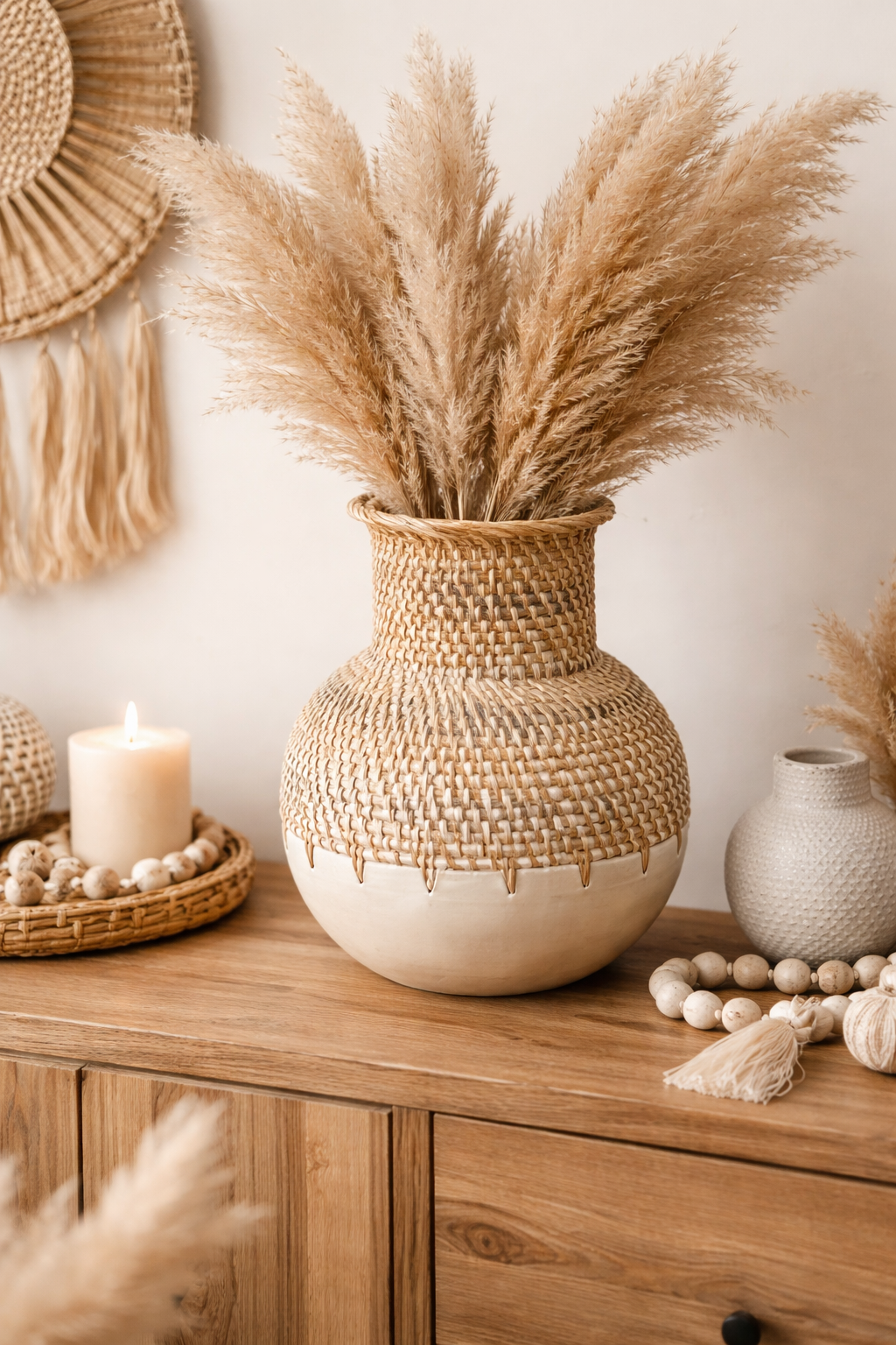 Vase Rotin & Bois Blanc Médium